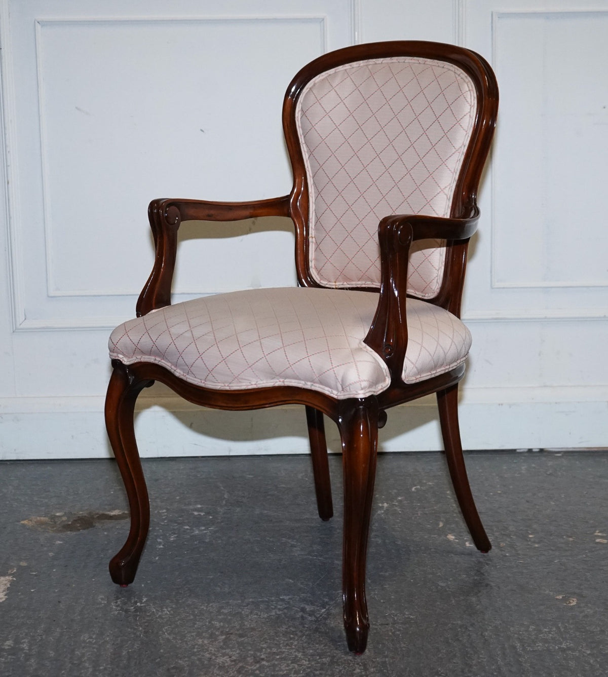 VINTAGE FRENCH STYLE WALNUT UPHOLSTERED SALON ARMCHAIR