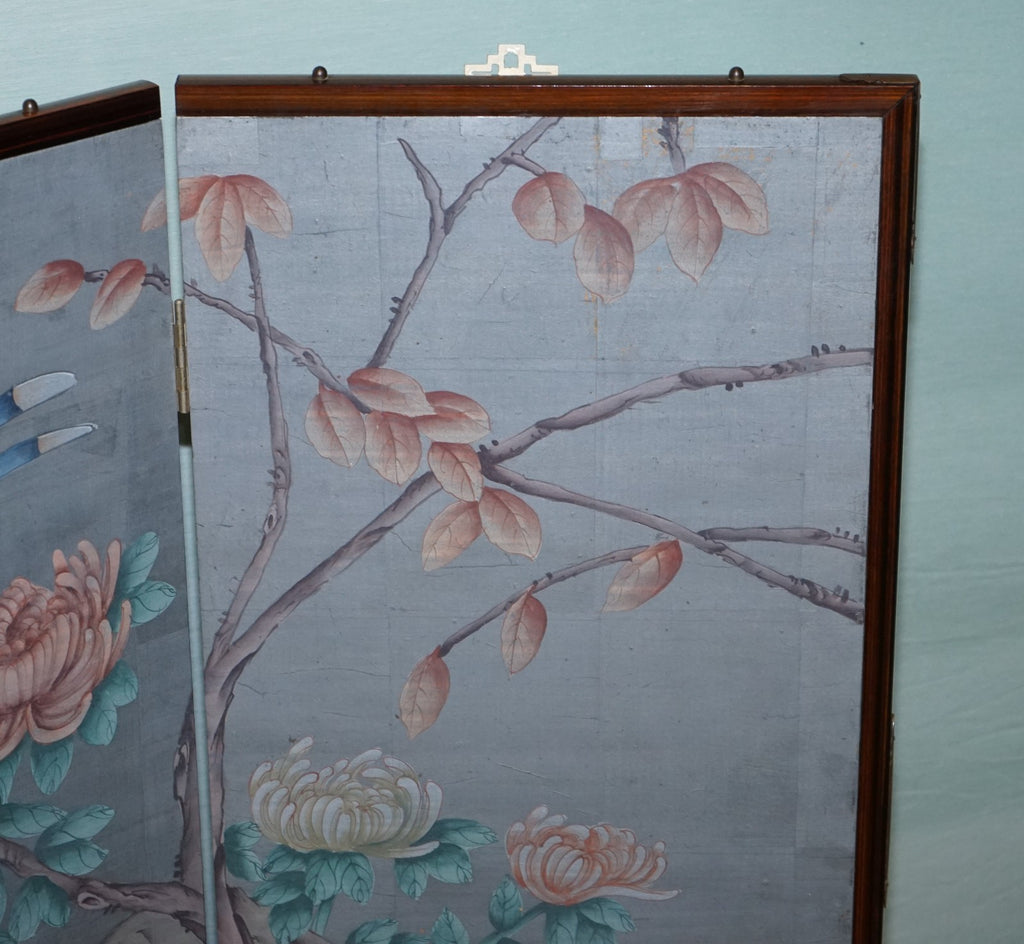 VINTAGE EXOTIC ORIENTAL BIRDS & FLOWERS FOLDING FOUR PANEL PETITE ROOM DIVIDER