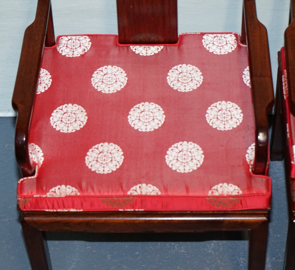 SET OF TEN VINTAGE ORIENTAL CHINESE HARDWOOD CARVER DINING ARMCHAIRS W/ CUSHIONS