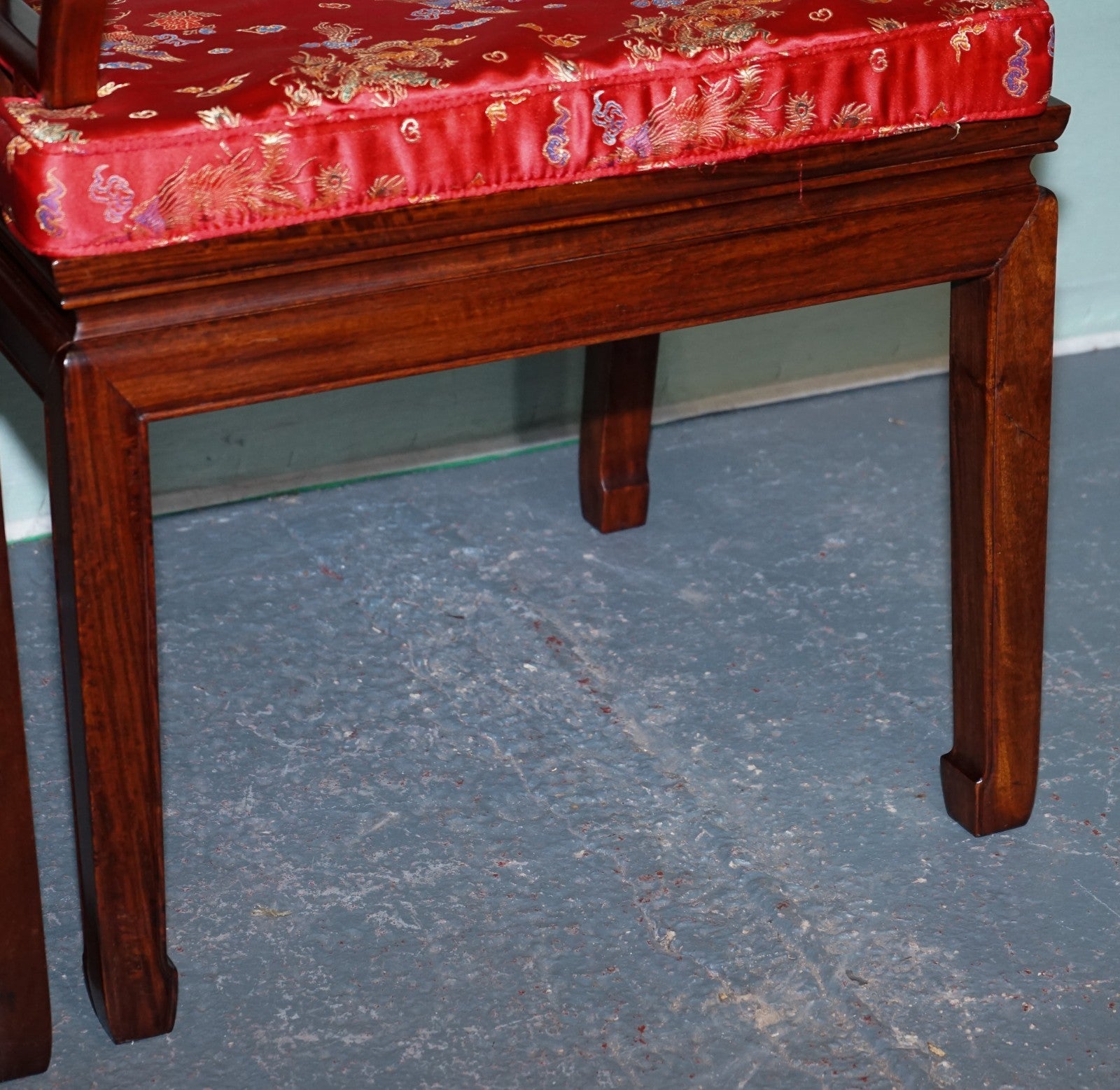 PAIR VINTAGE ORIENTAL CHINESE HARD WOOD CARVER ARMCHAIRS WITH CUSHIONS