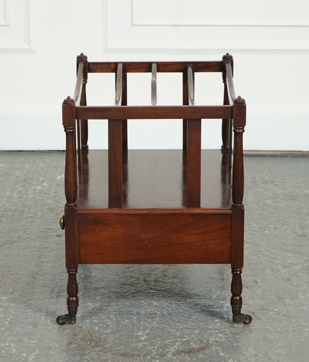 VINTAGE MAHOGANY CANTERBURY NEWSPAPER RACK WITH BRASS HANDLES