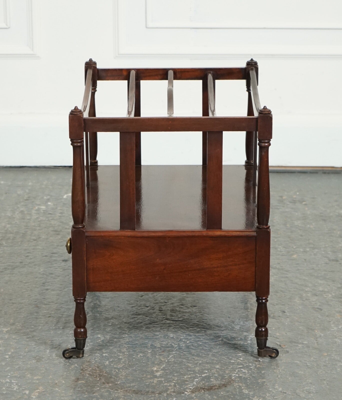 VINTAGE MAHOGANY CANTERBURY NEWSPAPER RACK WITH BRASS HANDLES