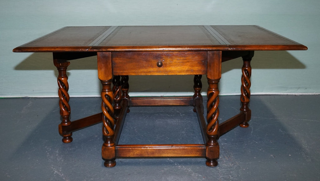ELEGANT THEODORE ALEXANDER DROP LEAF BARLEY TWIST TABLE WITH LEATHER TOP