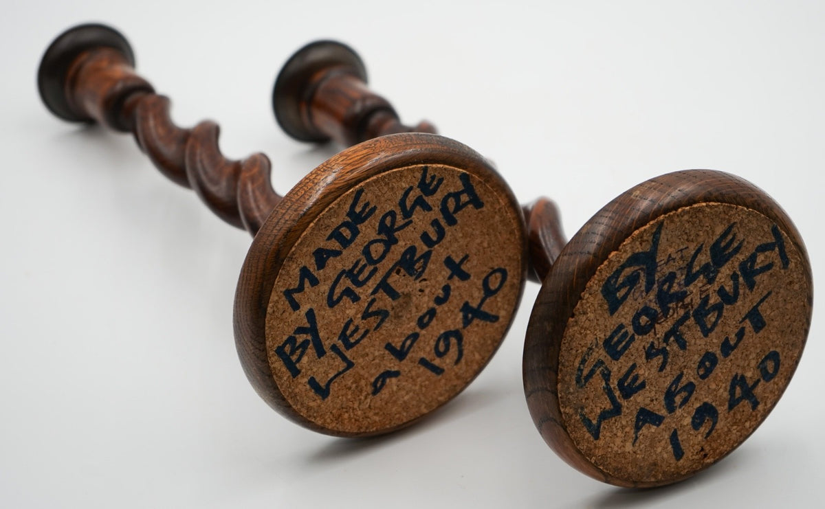 EARLY ViCTORIAN PAIR OF ENGLISH OAK BARLEY TWIST CANDLE STICKS (4)