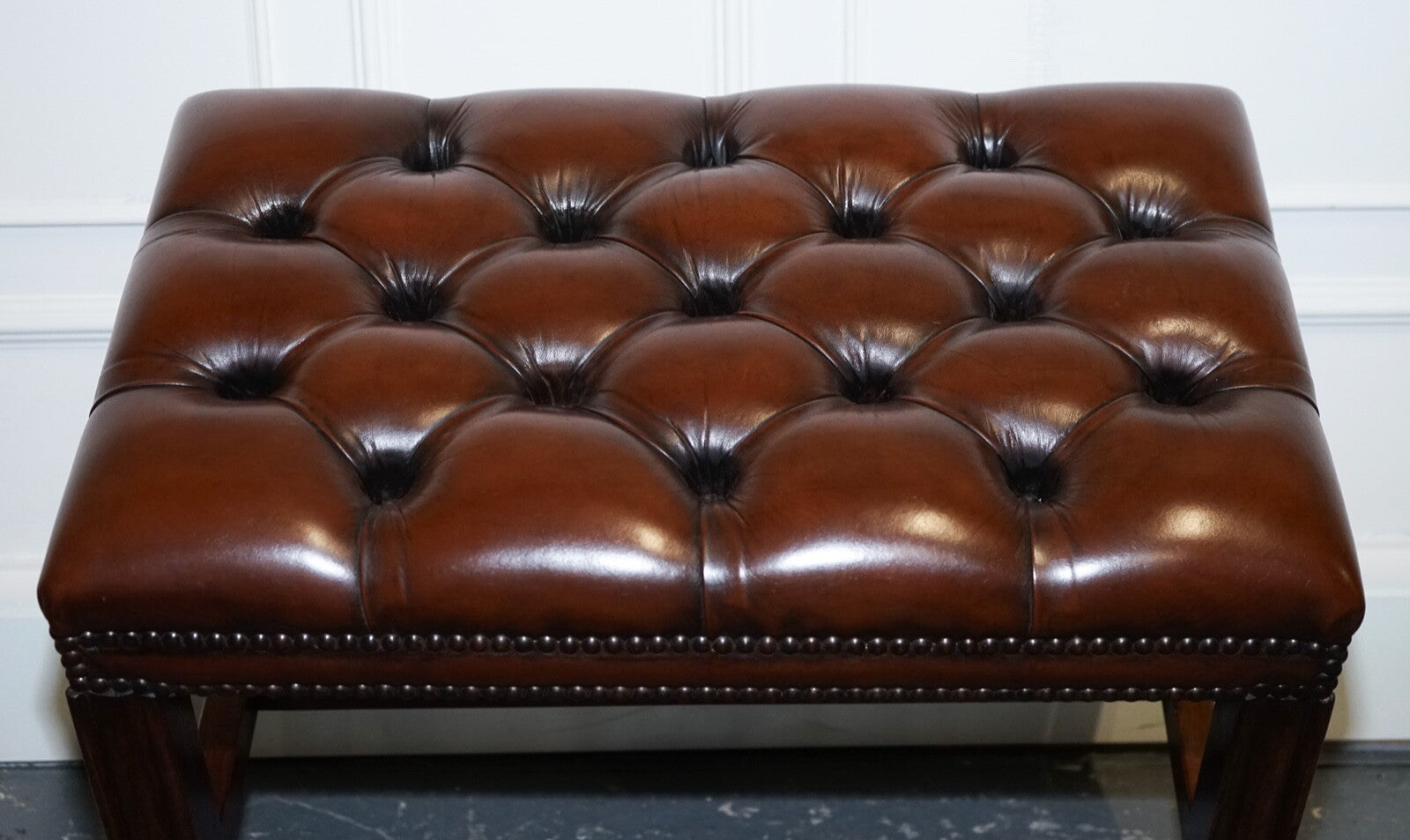 VINTAGE FULLY RESTORED CHESTERFIELD HAND DYED BROWN LEATHER TUFFED FOOTSTOOL