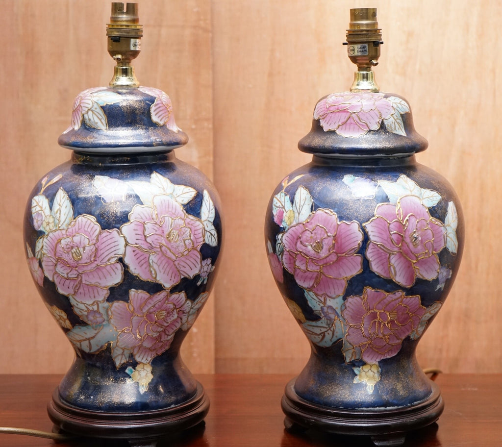 NAVY BLUE LAMP STAND WITH FLORAL ARTWORK