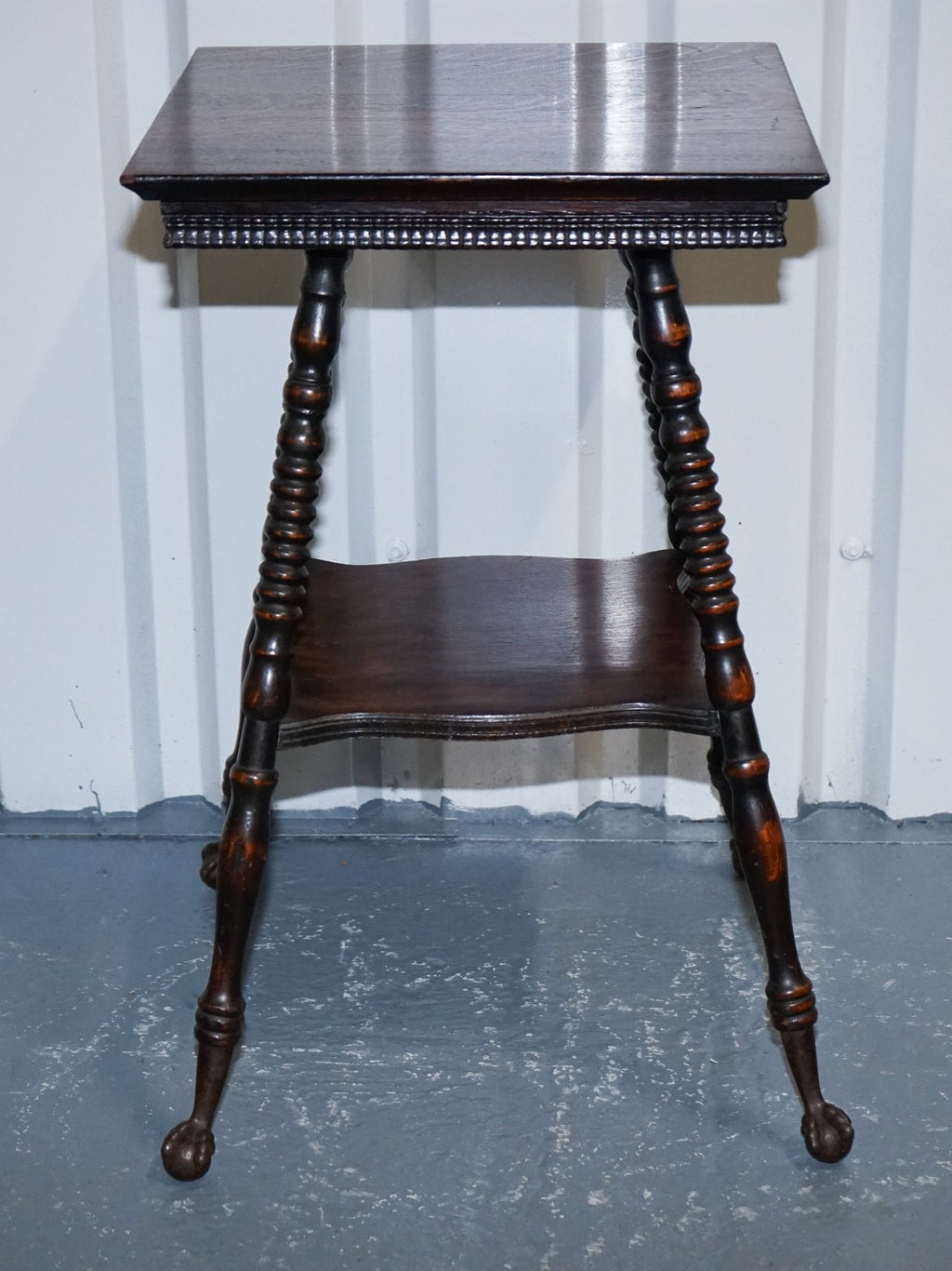ANTIQUE VICTORIAN TIGER OAK SIDE TABLE TURNED BOBBIN LEGS WITH CAST IRON FEET