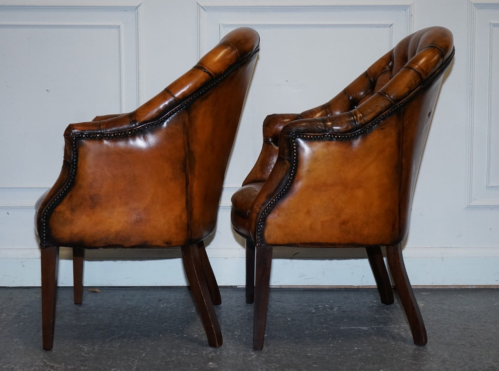 SET OF FOUR ENGLISH CHESTERFIELD HAND DYED LEATHER OFFICE LIBRARY TUB CHAIRS