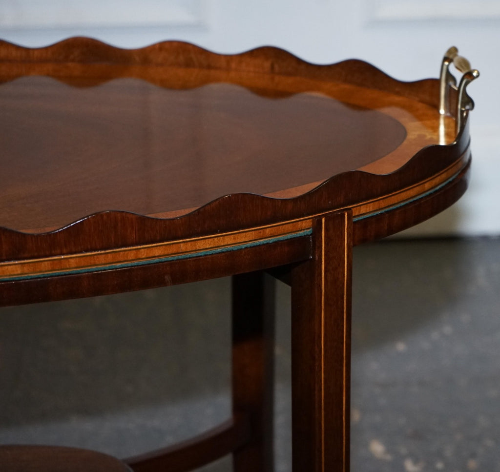 ANTIQUE RESTORED GEORGE III OVL SERVING TRAY AND TABLE WITH  SCALLOPED GALLERY