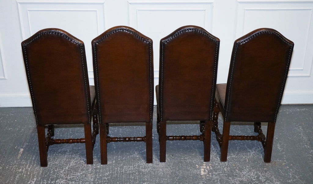 8 RESTORED CROMWELLIAN HAND DYED WHISKEY BROWN LEATHER DINING CHAIRS