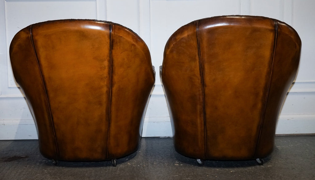 RARE PAIR OF BROWN HAND DYED LEATHER CHESTERFIELD ARMCHAIRS WITH PLEATED FRONT