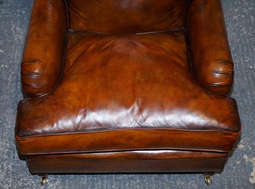 LARGE PAIR HOWARD STYLE HAND DYED LEATHER ARMCHAIRS FEATHER FILLED CUSHIONS