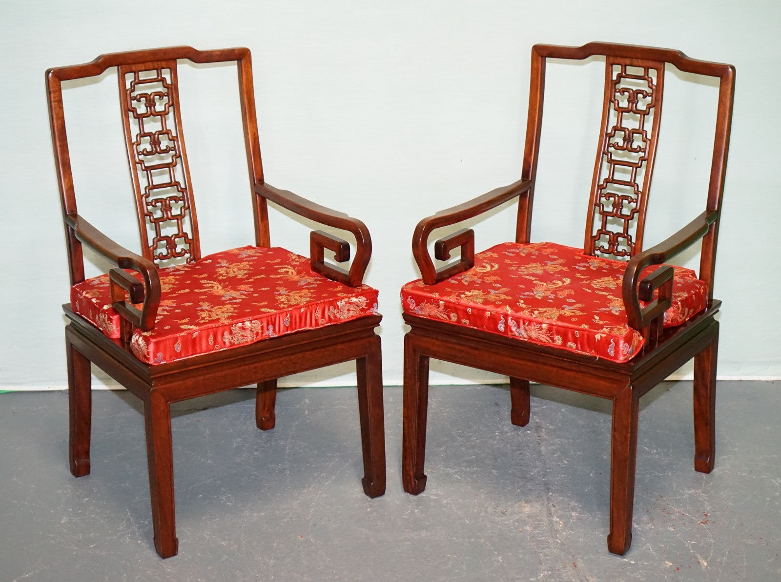 PAIR VINTAGE ORIENTAL CHINESE HARD WOOD CARVER ARMCHAIRS WITH CUSHIONS