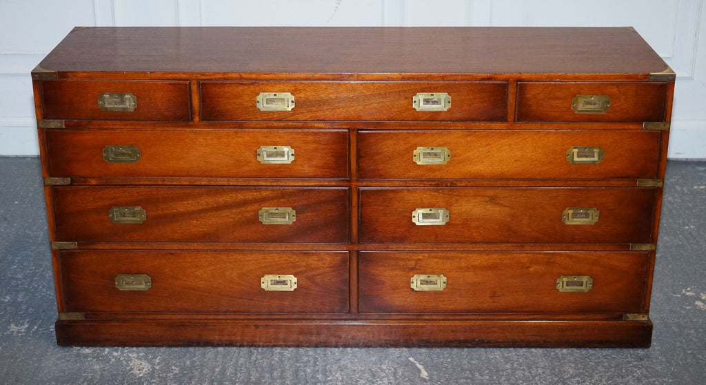VINTAGE YEW WOOD MILITARY CAMPAIGN SIDEBOARD BANK OF DRAWERS WITH BRASS HANDLES