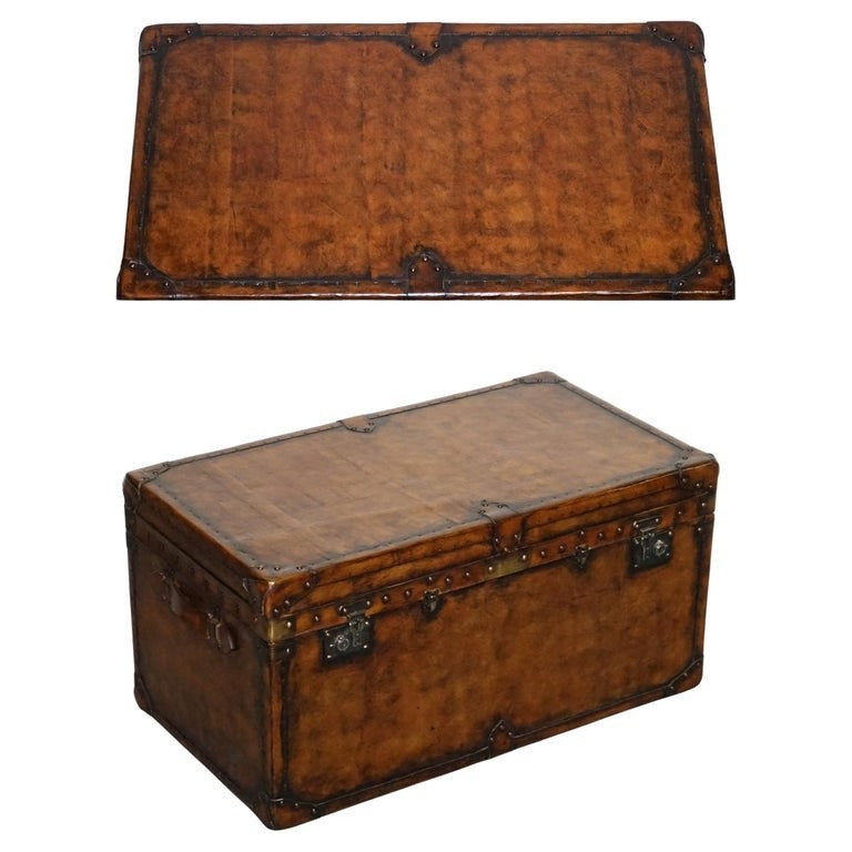 FULLY RESTORED HAND DYED BROWN LEATHER LOCKABLE STORAGE TRUNK