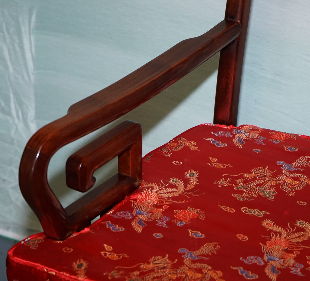 PAIR VINTAGE ORIENTAL CHINESE HARD WOOD CARVER ARMCHAIRS WITH CUSHIONS