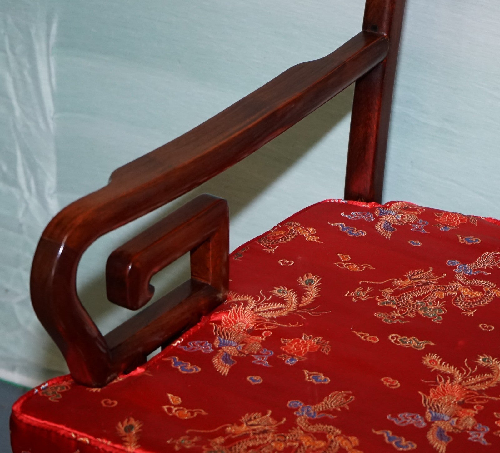 PAIR VINTAGE ORIENTAL CHINESE HARD WOOD CARVER ARMCHAIRS WITH CUSHIONS