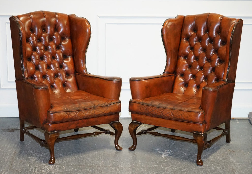 PAIR OF WILLIAM MORRIS FLAT ARM CHESTERFIELD WINGBACK BORDEAUX ARMCHAIRS