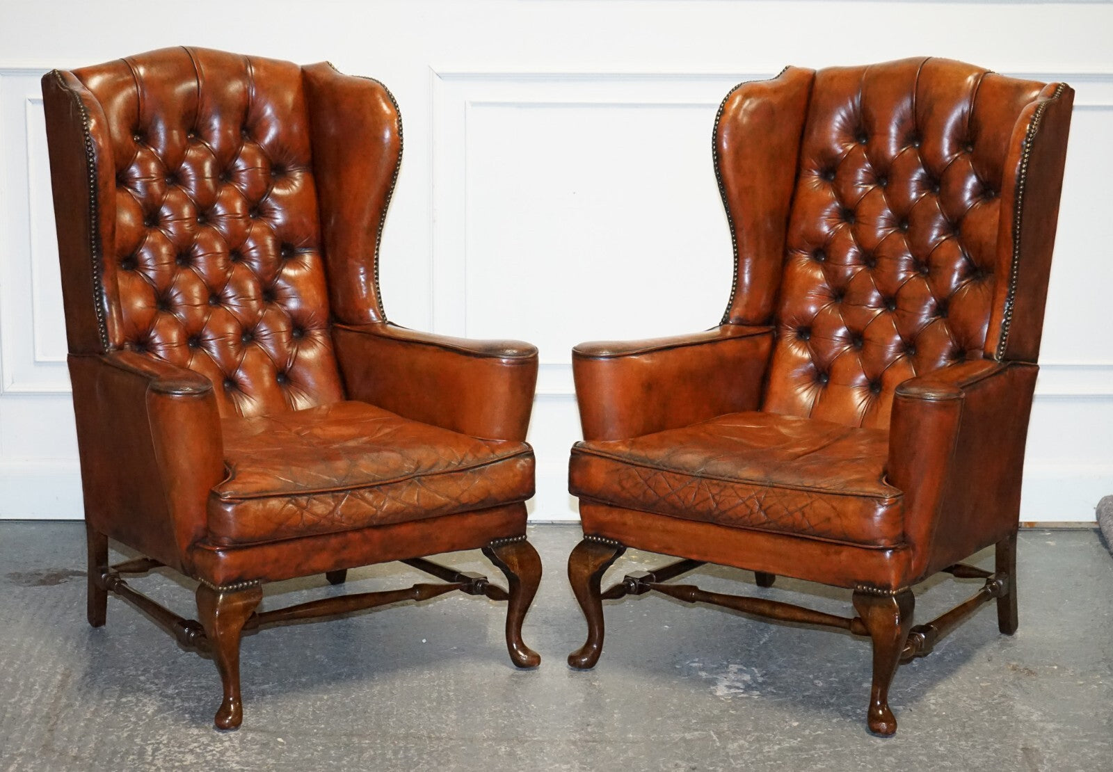 PAIR OF WILLIAM MORRIS FLAT ARM CHESTERFIELD WINGBACK BORDEAUX ARMCHAIRS