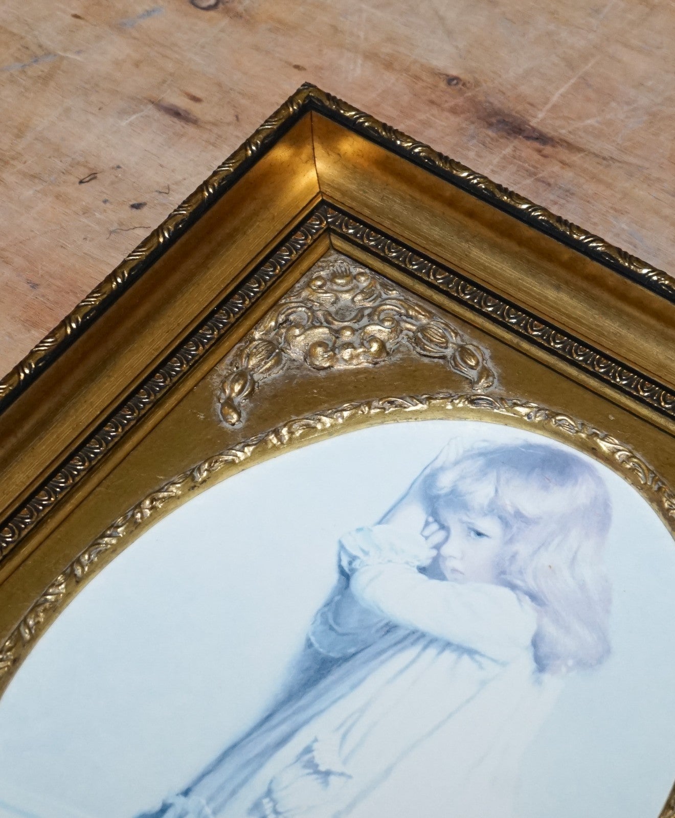 VINTAGE PRINT GILTED FRAME LITTLE GIRL AND DOG POSING 52 X 42 CM