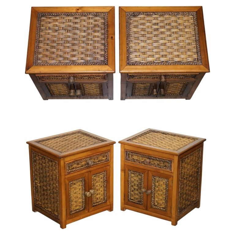 VINTAGE PAIR OF WICKER OR RATTAN NIGHTSTANDS BEDSIDE TABLES CUPBOARD & DRAWER