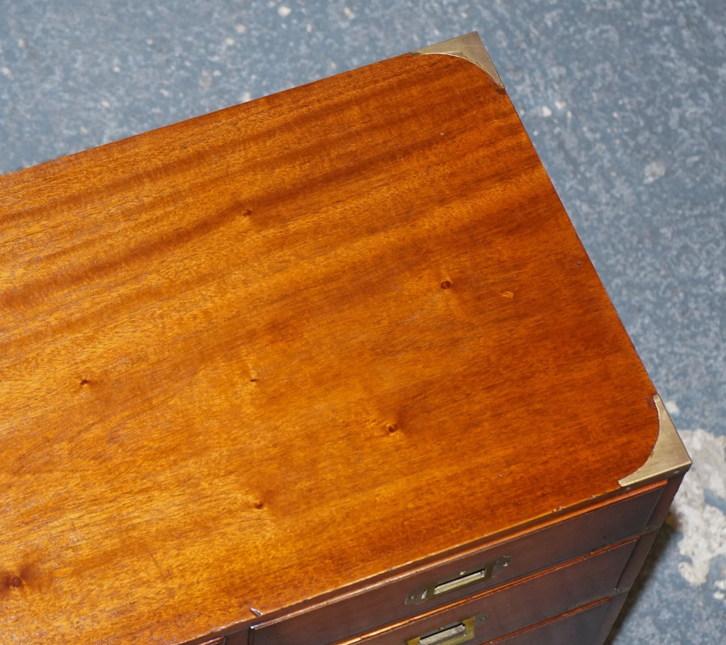 VINTAGE YEW WOOD MILITARY CAMPAIGN SIDEBOARD BANK OF DRAWERS WITH BRASS HANDLES