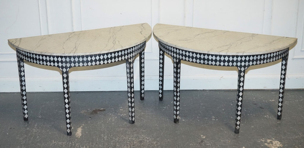 ENGLISH GEORGIAN HAND PAINTED PAIR OF DEMI LUNE SIDE CONSOLE TABLE MARBLE EFFECT