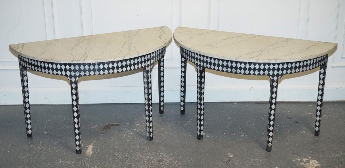 ENGLISH GEORGIAN HAND PAINTED PAIR OF DEMI LUNE SIDE CONSOLE TABLE MARBLE EFFECT