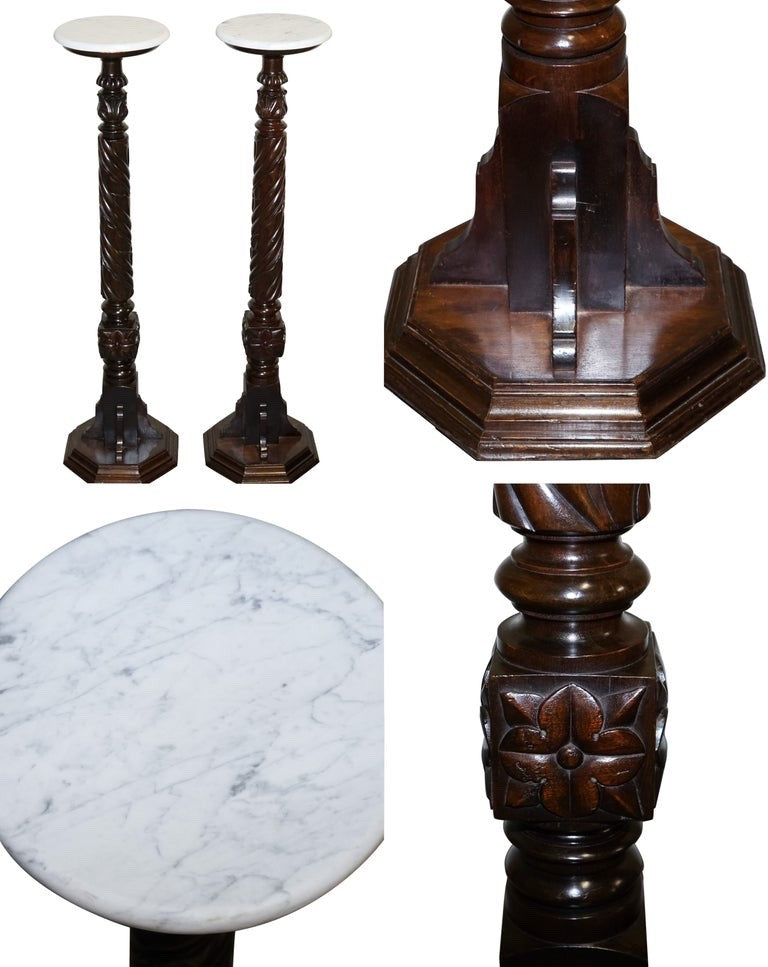 RESTORED PAIR OF EARLY VICTORIAN ENGLISH PEDESTALS WITH WHITE MARBLE TOPS 145 CM