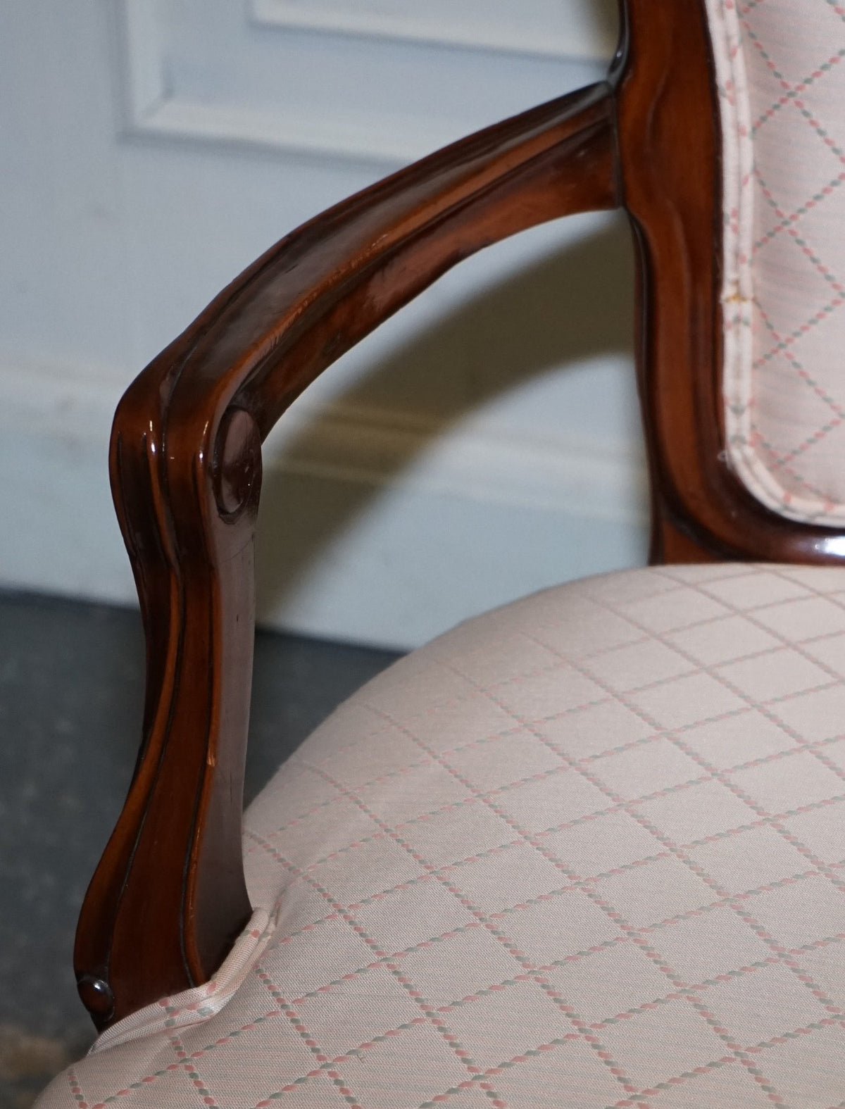 VINTAGE FRENCH STYLE WALNUT UPHOLSTERED SALON ARMCHAIR