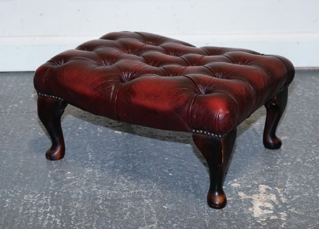 VINTAGE BURGUNDY LEATHER CHESTERFIELD QUEEN ANNE LEGS FOOTSTOOL