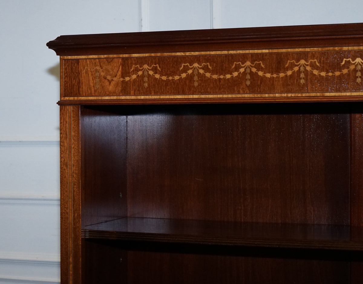 LARGE VINTAGE EDWARDIAN STYLE INLAID SHERATON OPEN BOOKCASE ADJUSTABLE SHELVES