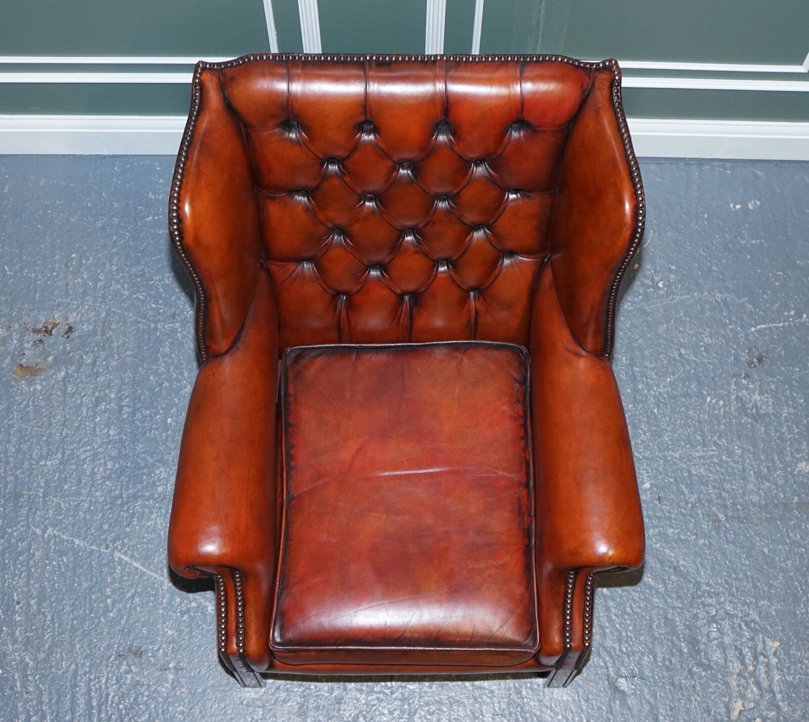 STUNNING PAIR OF BURGUNDY BROWN LEATHER HAND DYED WINGBACK CHAIRS