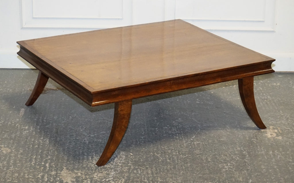 ANTIQUE ART DECO GOLDEN OAK COFFEE TABLE MAPPA BURL TRIM & SPLAYED LEGS