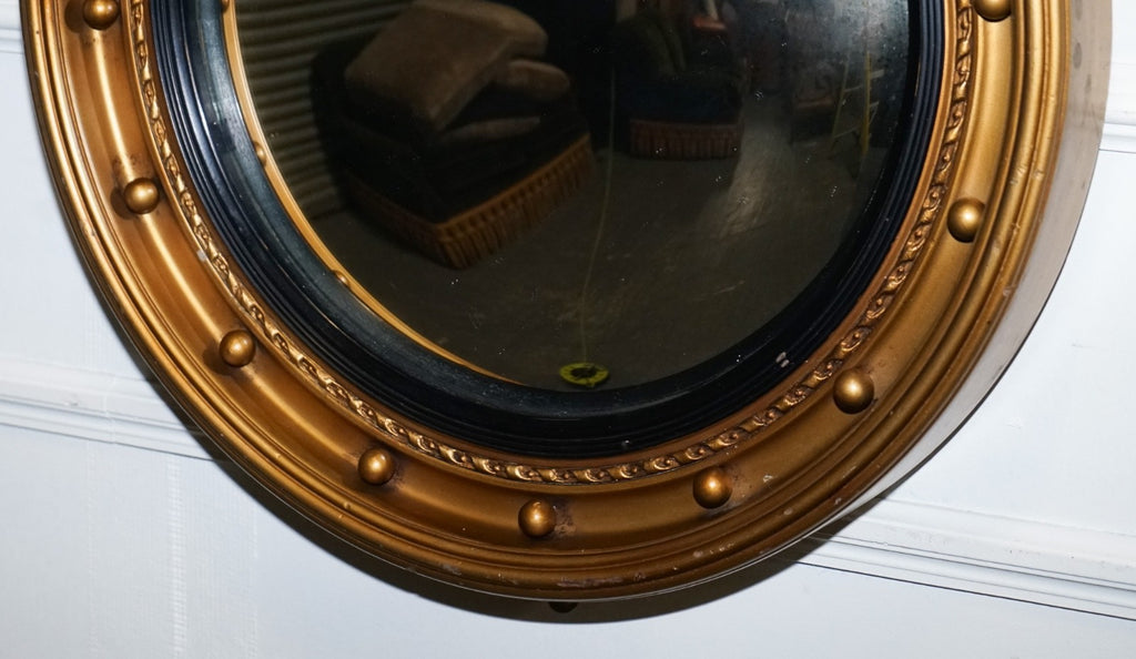 ANTIQUE 1920'S BUTLERS CONVEX BLACK & GOLD GILT WOOD WALL MIRROR