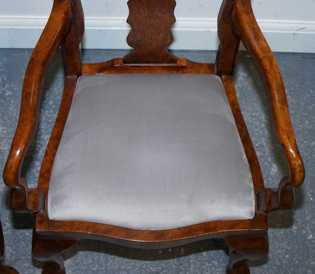1920'S ART DECO PAIR OF QUEEN ANNE STYLE BURR WALNUT HALLWAY ELBOW ARMCHAIRS