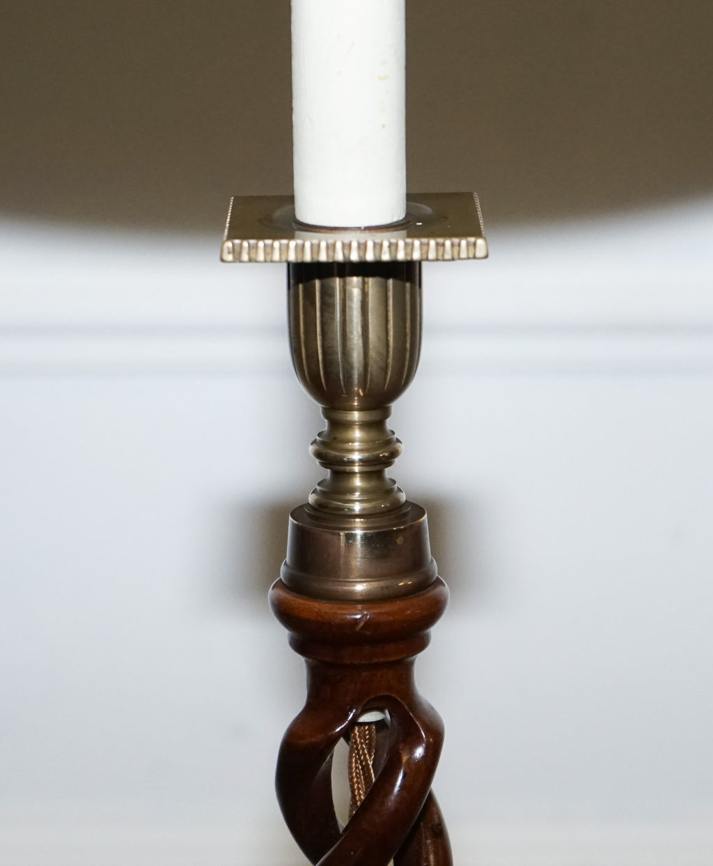 ANTIQUE PAIR OF ENGLISH OPEN BARLEY TWIST CONVERTED CANDLESTICKS TO  TABLE LAMPS