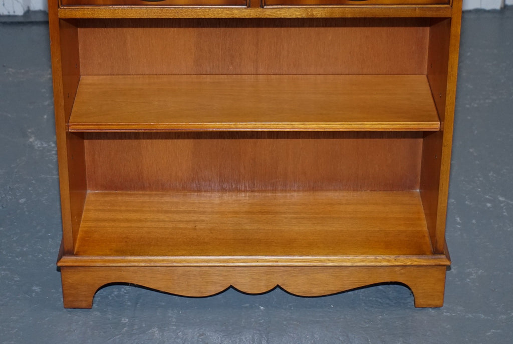VINTAGE BURR YEW WOOD OPEN DWARF LIBRARY BOOKCASE WiTH TWO DRAWERS & SHELF