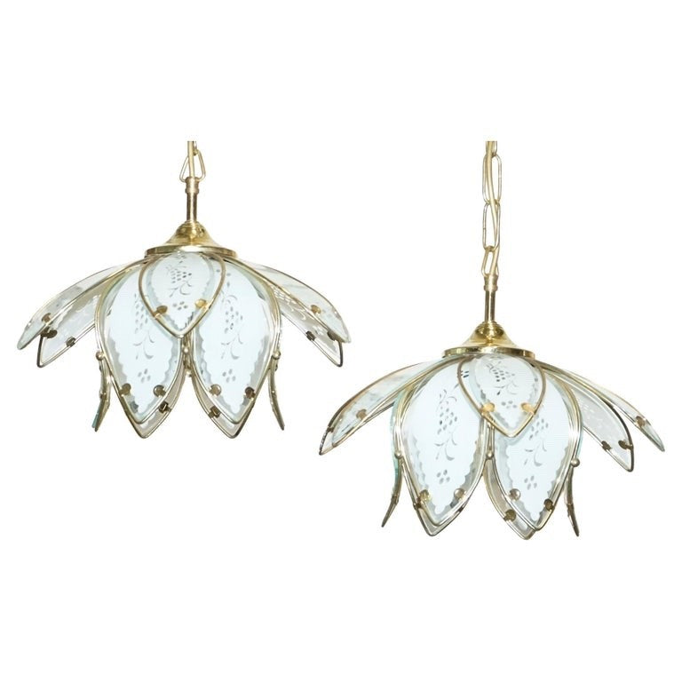 PAIR OF ART DECO STYLE 1960'S FLOWER LOTUS GLASS CEILING LAMPS