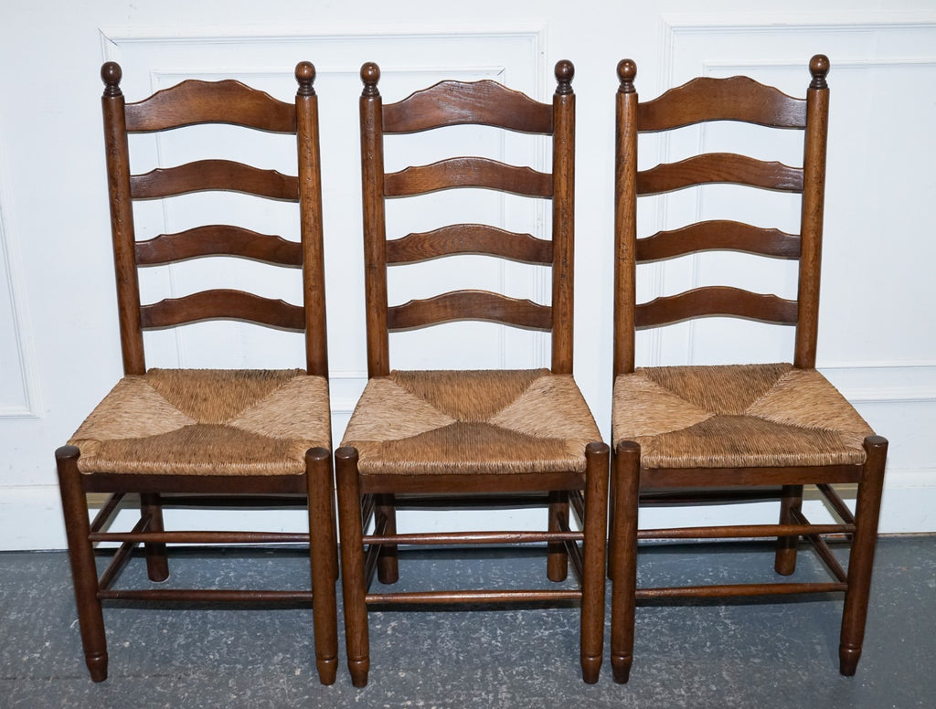 SET OF SIX ANTIQUE ENGLISH 19TH CENTURY LADDERBACK RUSH SEAT DINING CHAIRS