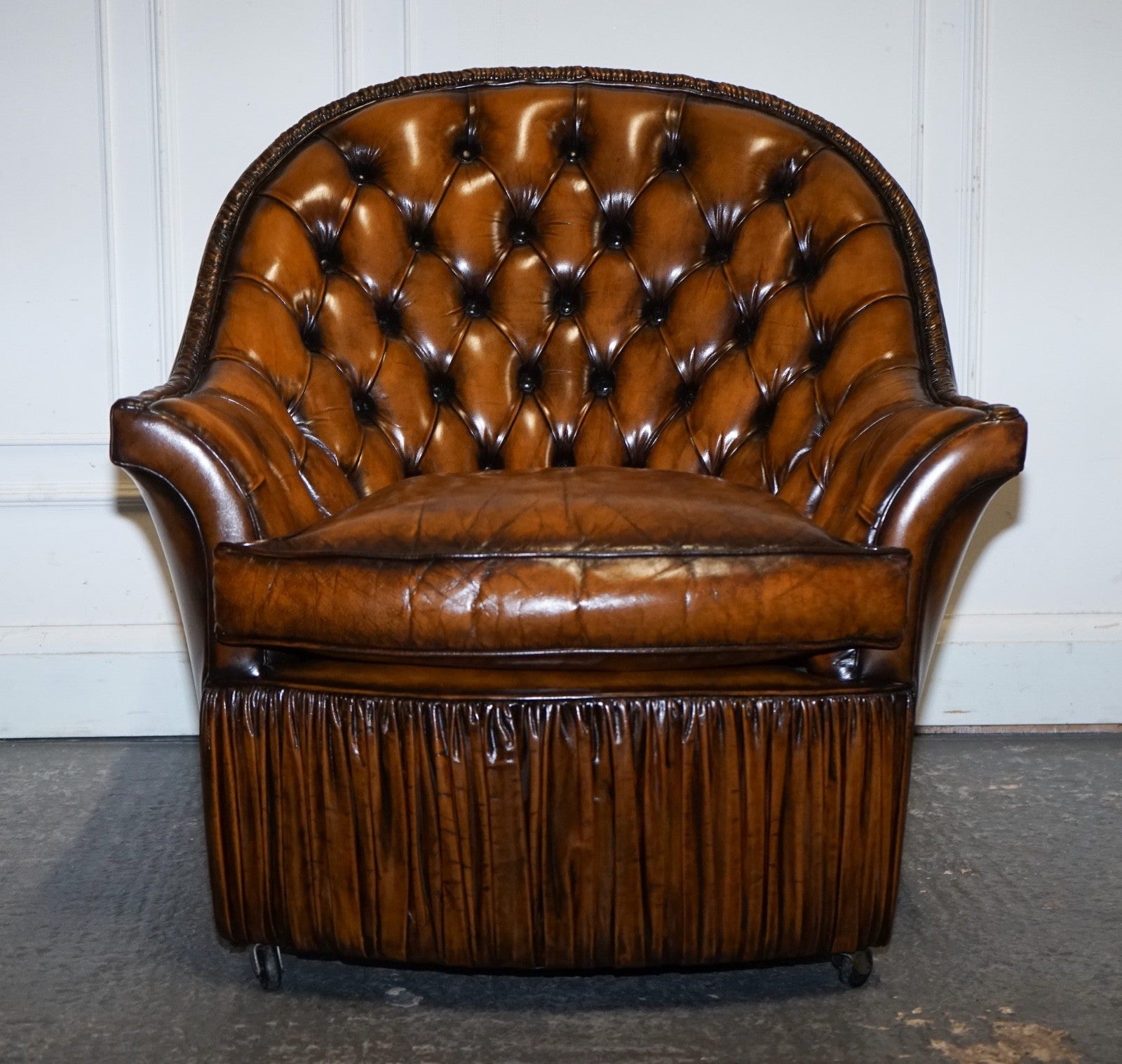 RARE PAIR OF BROWN HAND DYED LEATHER CHESTERFIELD ARMCHAIRS WITH PLEATED FRONT