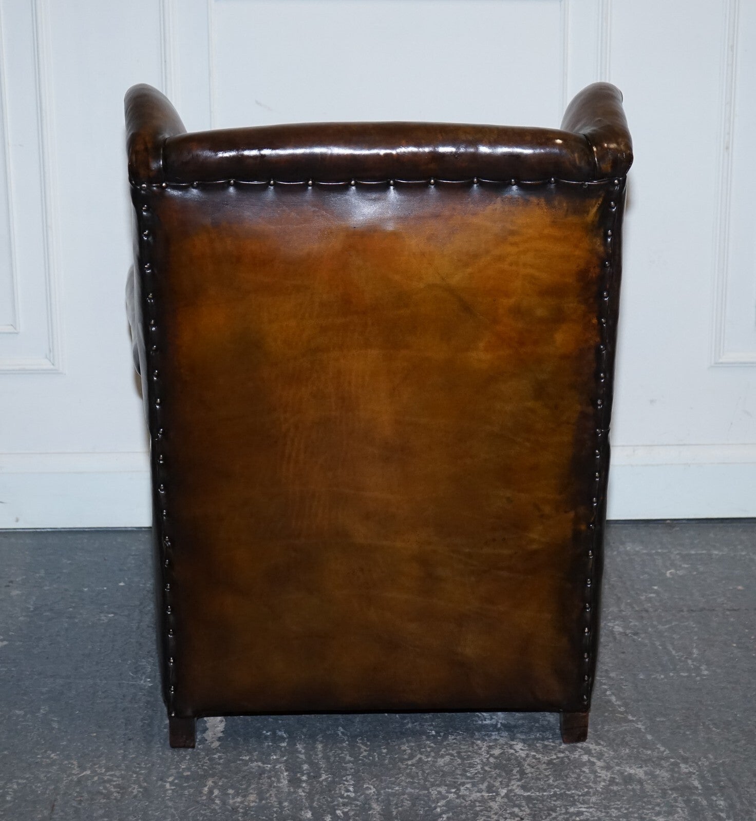 STUNNING EARLY VICTORIAN HAND DYED BROWN LEATHER READING LOUNGE ARMCHAIR