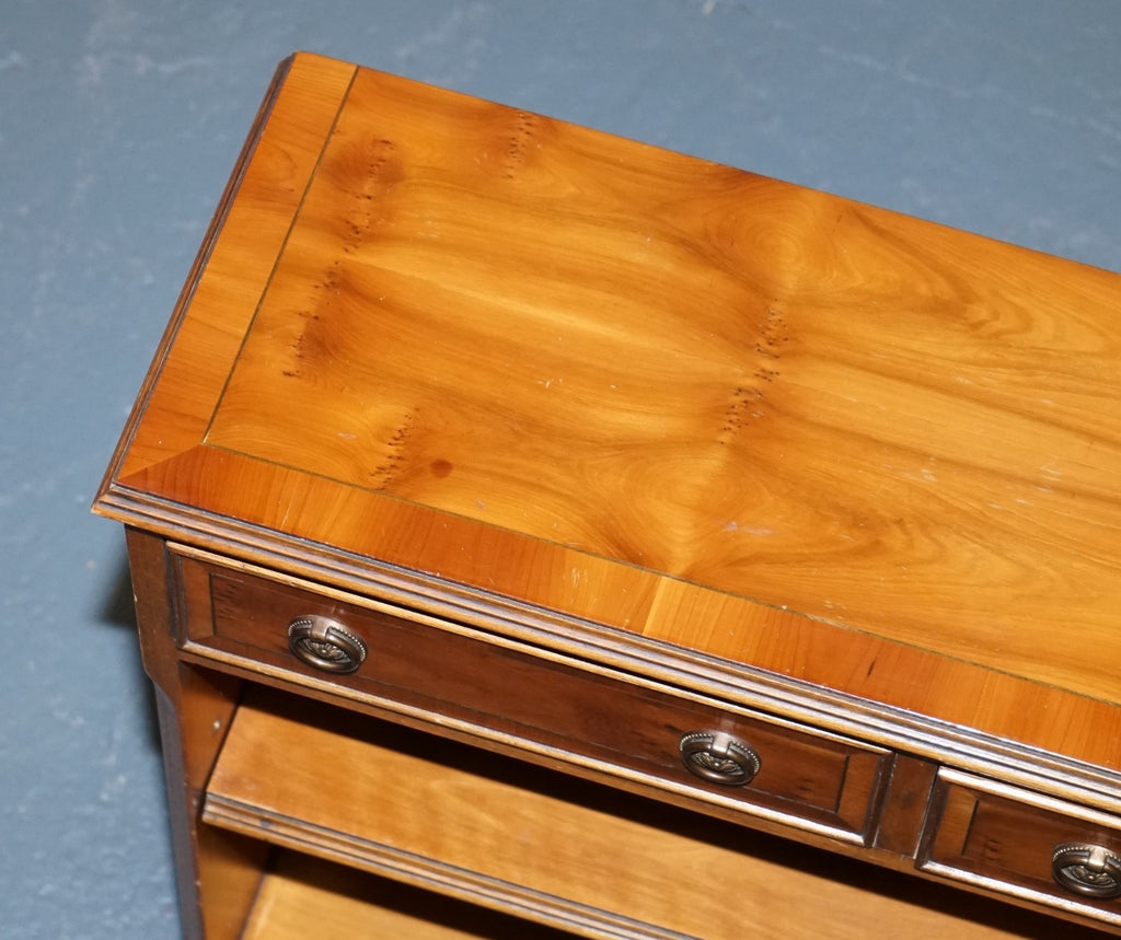 ELEGANT VINTAGE YEW WOOD LOW DWARF BOOKCASE WITH TWO STORAGE DRAWERS