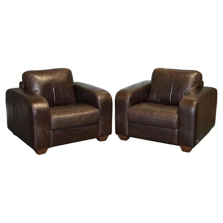 VINTAGE PAIR OF CHOCOLATE BROWN LEATHER ARMCHAIRS BY SOFITALIA
