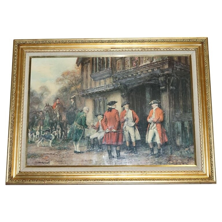 OIL PAINTING IN MANNER OF F.M.  BENNETT ''MEET AT THE LODGE' GILT STYLE FRAME