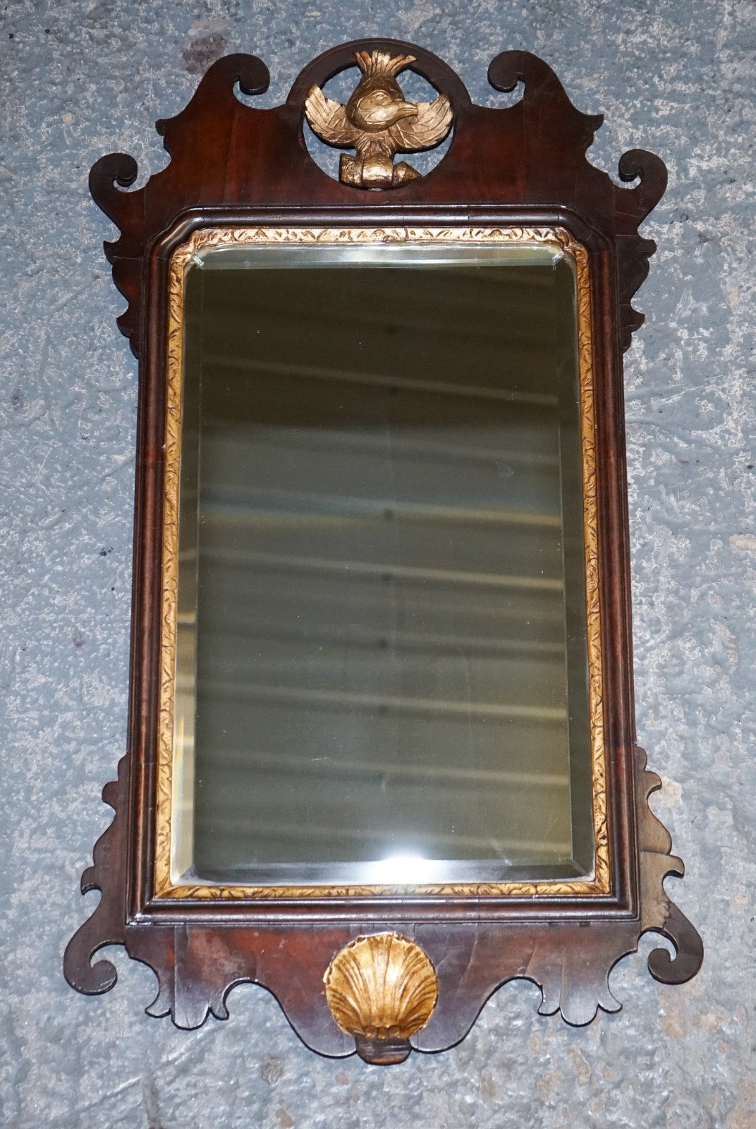 ANTIQUE 1760'S CHIPPENDALE STYLE  WALL MIRROR WITH GILTWOOD & PHOENIX