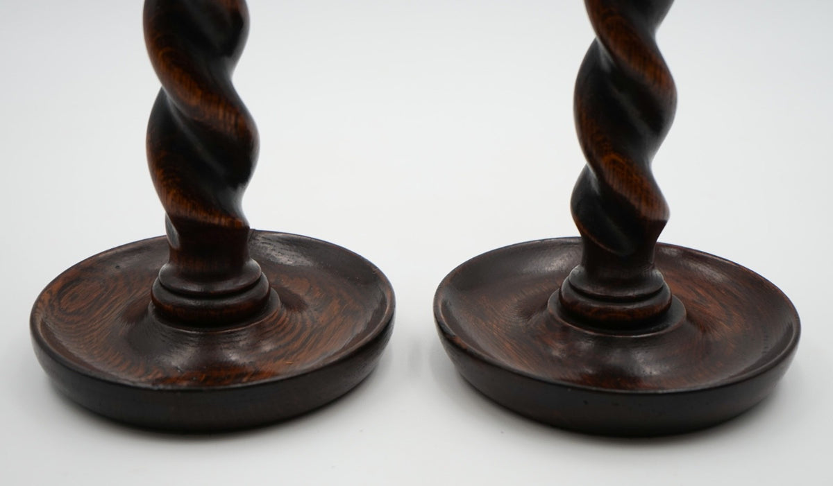 EARLY ViCTORIAN PAIR OF ENGLISH OAK BARLEY TWIST CANDLE STICKS (3)
