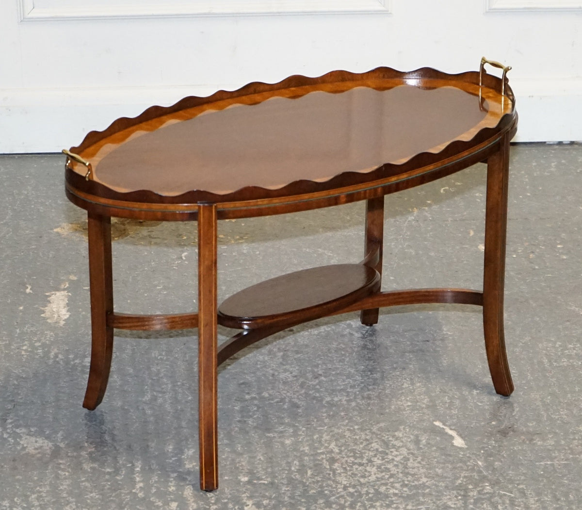 ANTIQUE RESTORED GEORGE III OVL SERVING TRAY AND TABLE WITH  SCALLOPED GALLERY