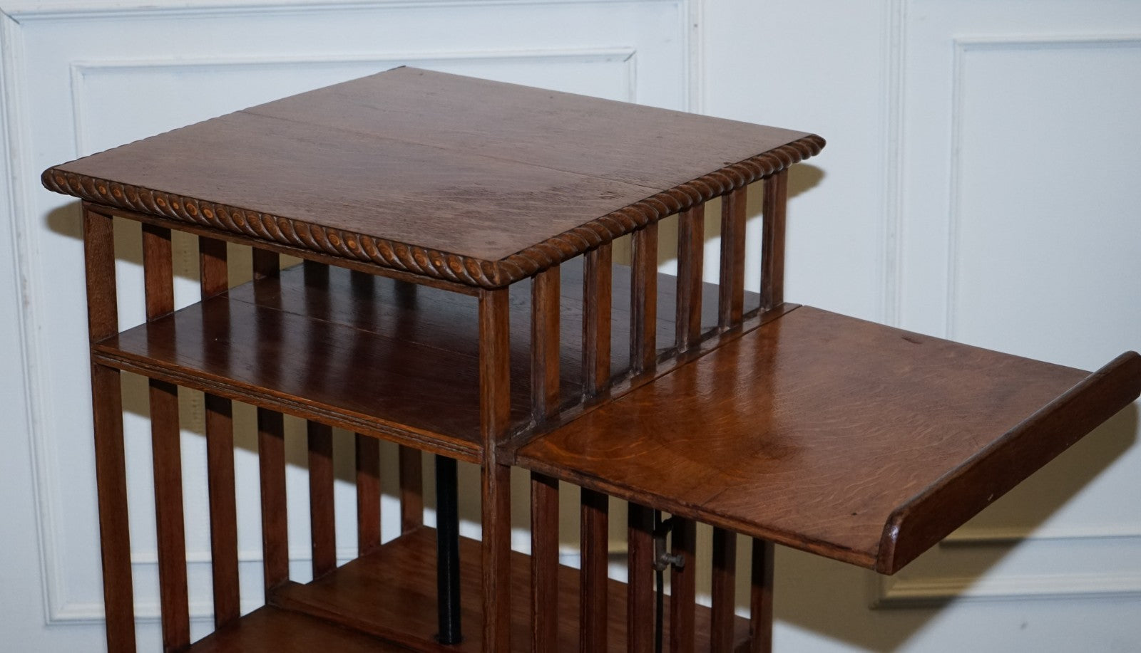 ANTIQUE SUBSTANTIAL OAK REVOLVING BOOKCASE WITH FOLDING READING STAND