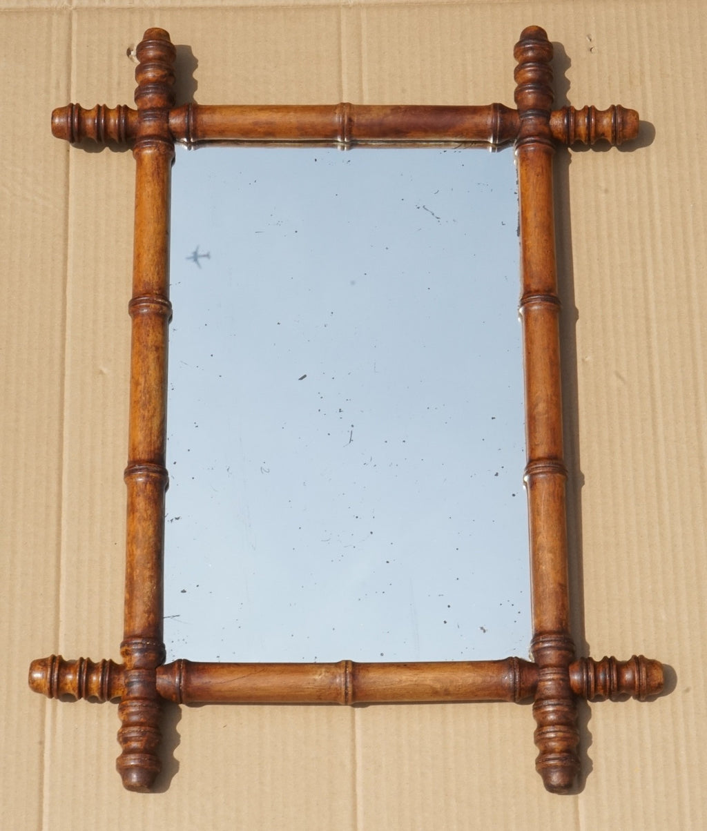 ANTIQUE ENGLISH DECORATIVE FAUX BAMBOO WALL MiRROR WITH LIGHT FOXING GLASS